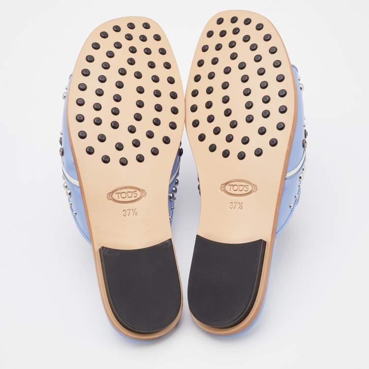 Pre Owned Tod's Light Blue Leather Studded Open Toe Flat Slide Sandals Size 37.5