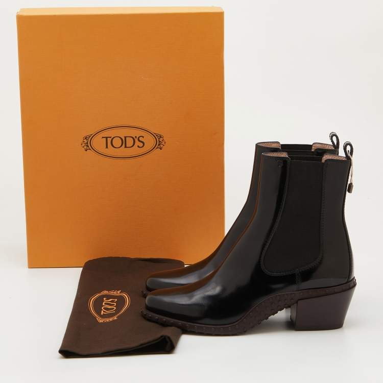 Pre Owned Tod's Black Leather Block Heel Ankle Length Boots Size 38