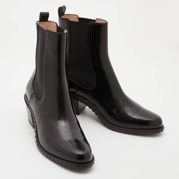 Pre Owned Tod's Black Leather Block Heel Ankle Length Boots Size 38