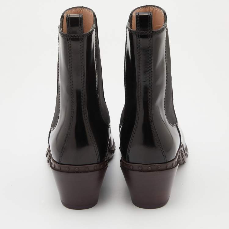Pre Owned Tod's Black Leather Block Heel Ankle Length Boots Size 38