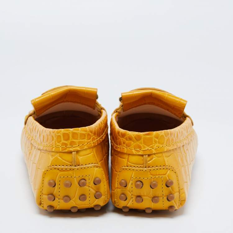 Pre Owned TodS Mustard Croc Embossed Leather T-Ring Fringe Loafer Size 37.5