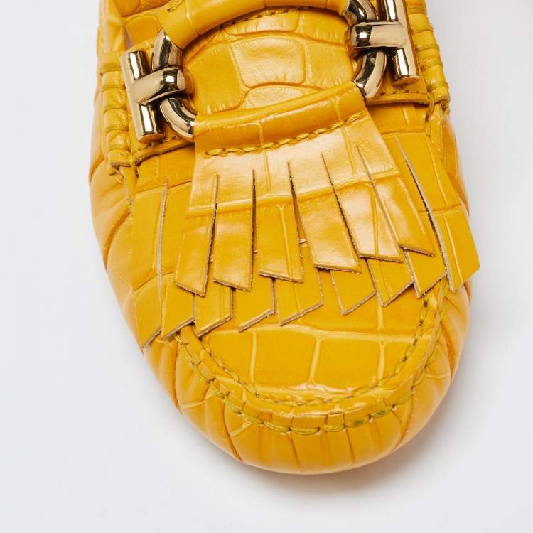 Pre Owned TodS Mustard Croc Embossed Leather T-Ring Fringe Loafer Size 37.5