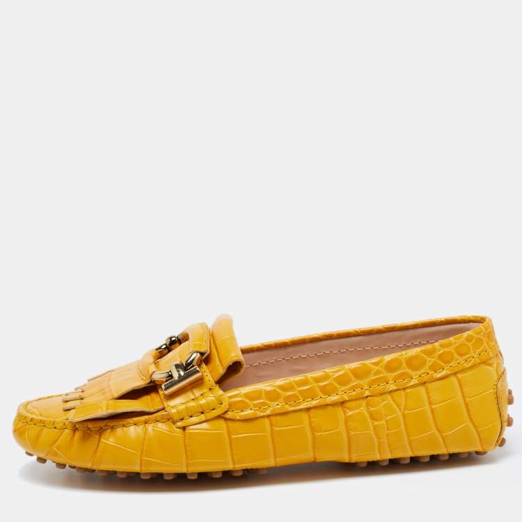 Pre Owned TodS Mustard Croc Embossed Leather T-Ring Fringe Loafer Size 37.5