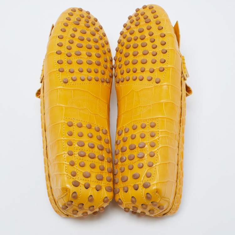 Pre Owned TodS Mustard Croc Embossed Leather T-Ring Fringe Loafer Size 37.5