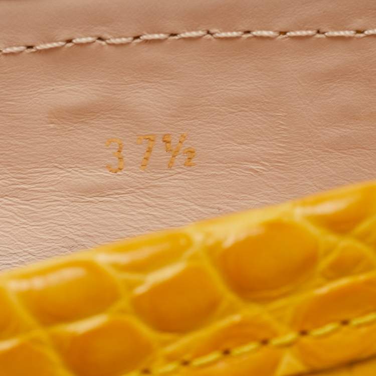 Pre Owned TodS Mustard Croc Embossed Leather T-Ring Fringe Loafer Size 37.5