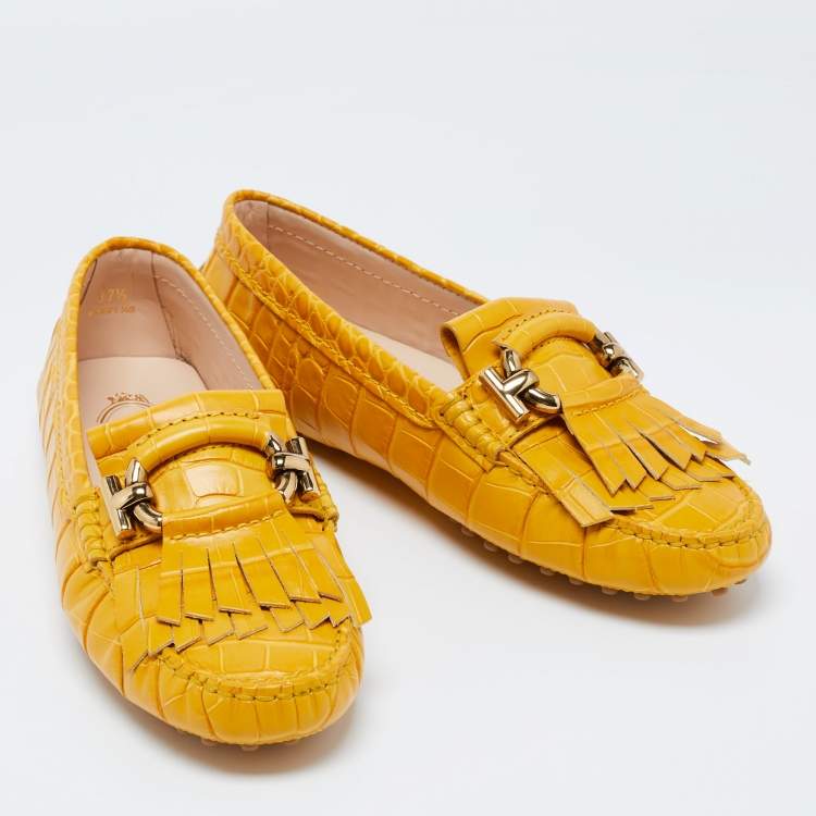 Pre Owned TodS Mustard Croc Embossed Leather T-Ring Fringe Loafer Size 37.5