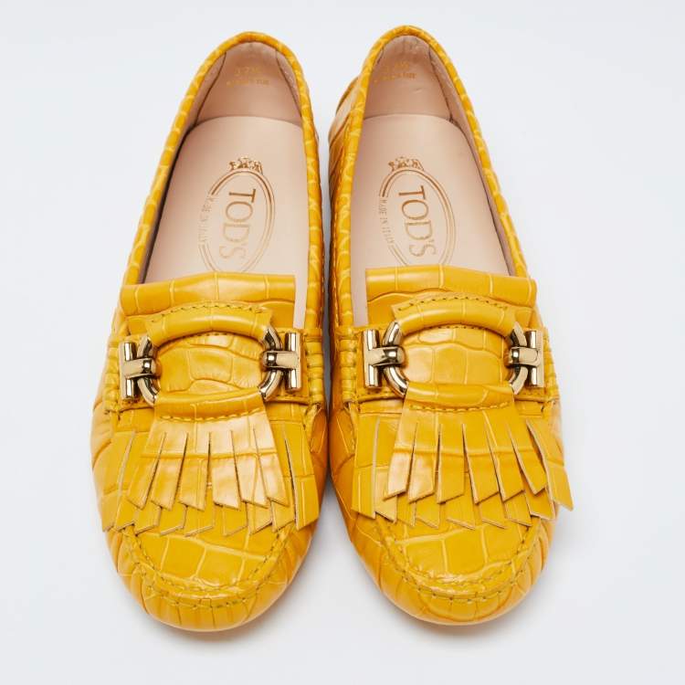 Pre Owned TodS Mustard Croc Embossed Leather T-Ring Fringe Loafer Size 37.5