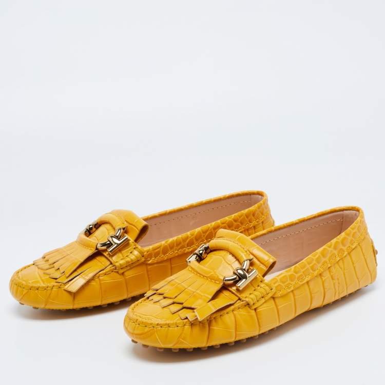 Pre Owned TodS Mustard Croc Embossed Leather T-Ring Fringe Loafer Size 37.5