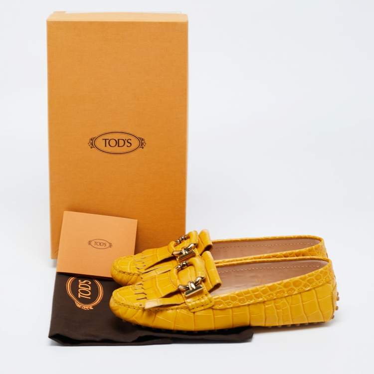 Pre Owned TodS Mustard Croc Embossed Leather T-Ring Fringe Loafer Size 37.5