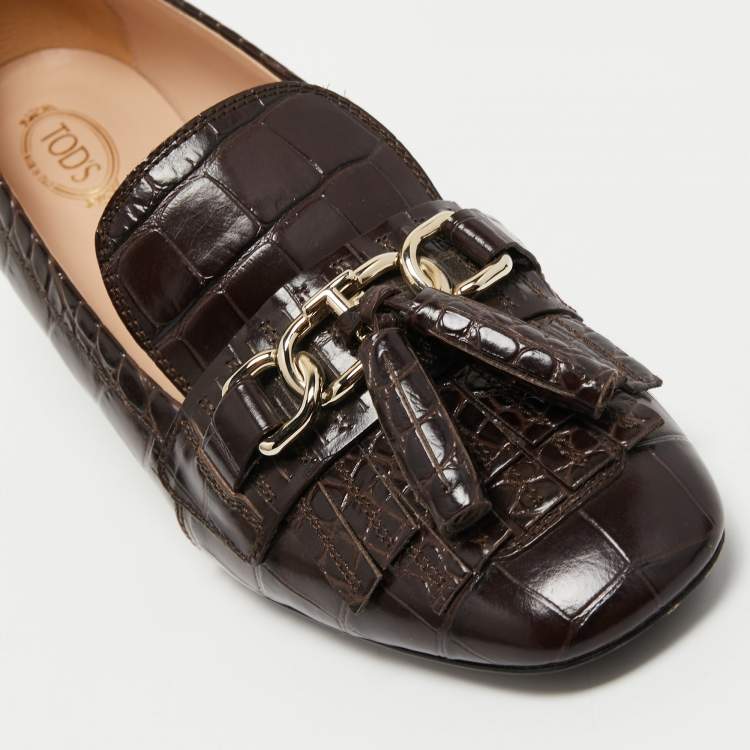 Pre Owned Tod's Brown Croc Embossed Leather Block Heel Loafer Pumps Size 40