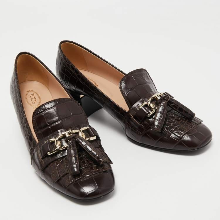Pre Owned Tod's Brown Croc Embossed Leather Block Heel Loafer Pumps Size 40