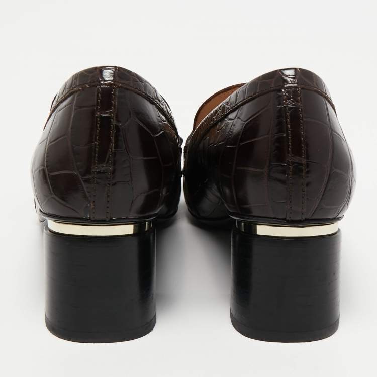 Pre Owned Tod's Brown Croc Embossed Leather Block Heel Loafer Pumps Size 40