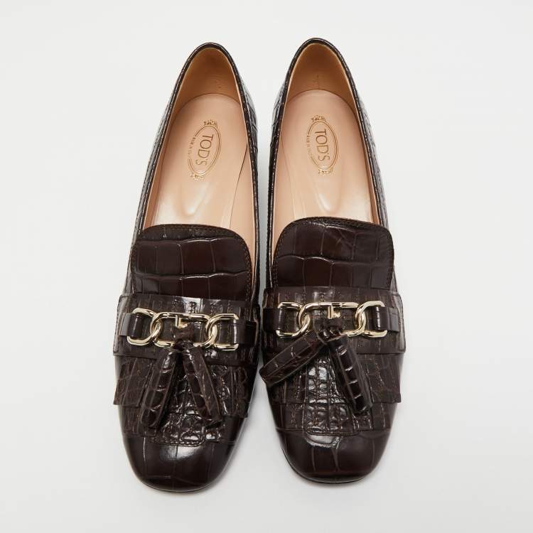 Pre Owned Tod's Brown Croc Embossed Leather Block Heel Loafer Pumps Size 40