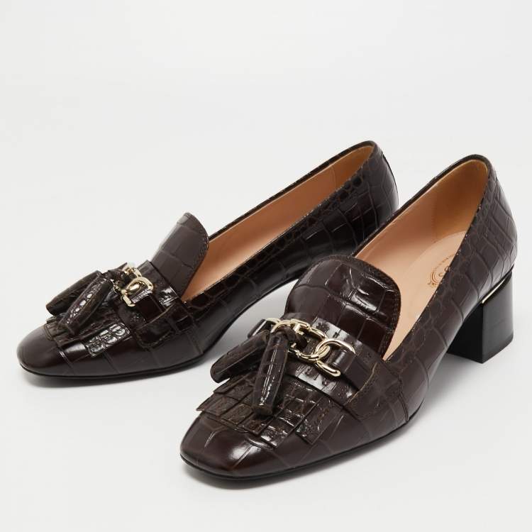 Pre Owned Tod's Brown Croc Embossed Leather Block Heel Loafer Pumps Size 40
