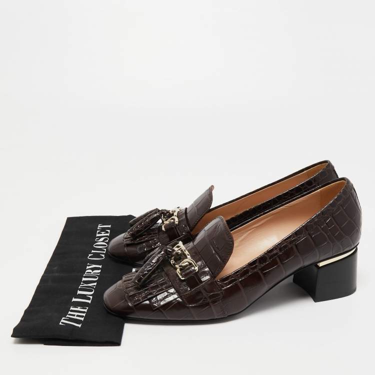 Pre Owned Tod's Brown Croc Embossed Leather Block Heel Loafer Pumps Size 40