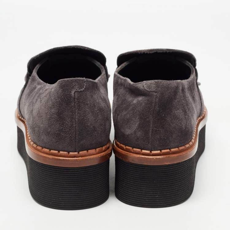 Pre Owned Tod's Grey Suede Fringes Double T  Platform Loafres Size 38