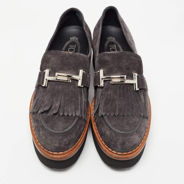 Pre Owned Tod's Grey Suede Fringes Double T  Platform Loafres Size 38