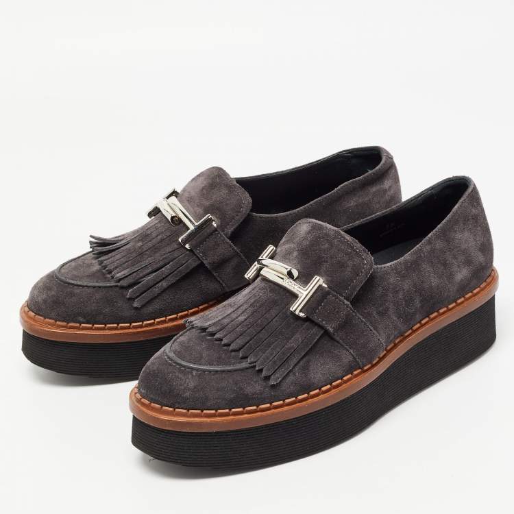 Pre Owned Tod's Grey Suede Fringes Double T  Platform Loafres Size 38