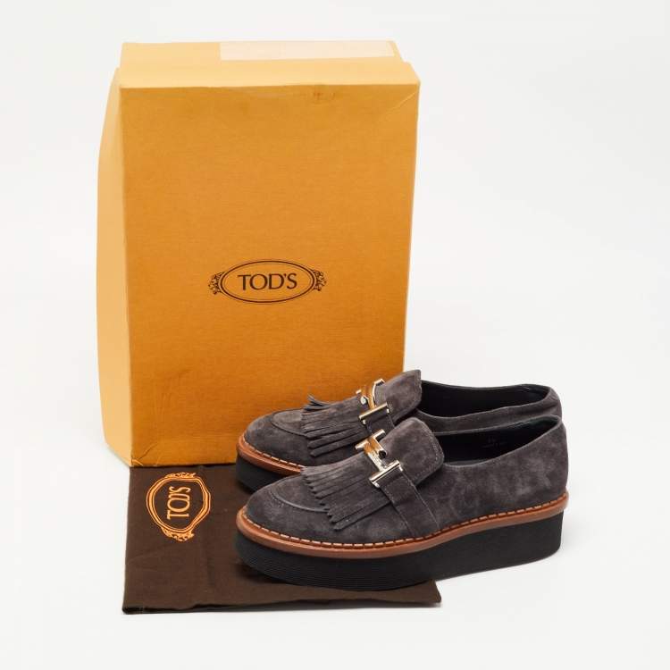 Pre Owned Tod's Grey Suede Fringes Double T  Platform Loafres Size 38