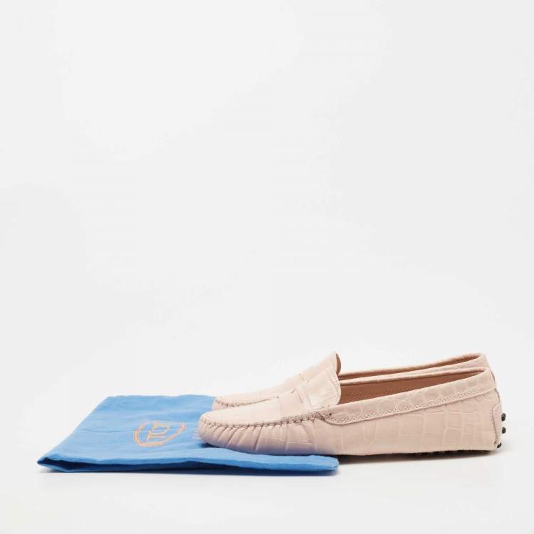 Pre Owned Tod's Light Pink Croc Embossed Leather Penny Loafers Size 36.5