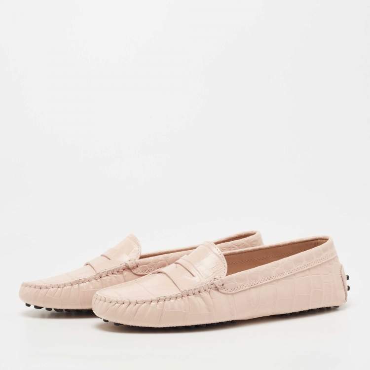 Pre Owned Tod's Light Pink Croc Embossed Leather Penny Loafers Size 36.5