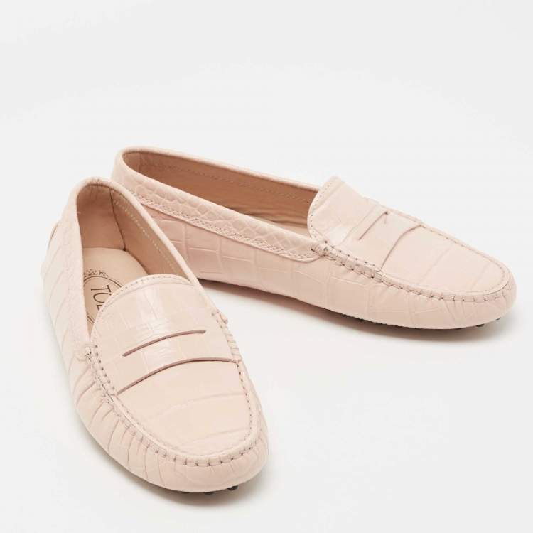Pre Owned Tod's Light Pink Croc Embossed Leather Penny Loafers Size 36.5