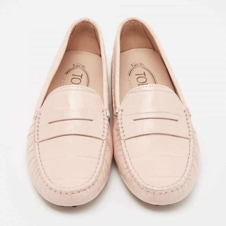 Pre Owned Tod's Light Pink Croc Embossed Leather Penny Loafers Size 36.5