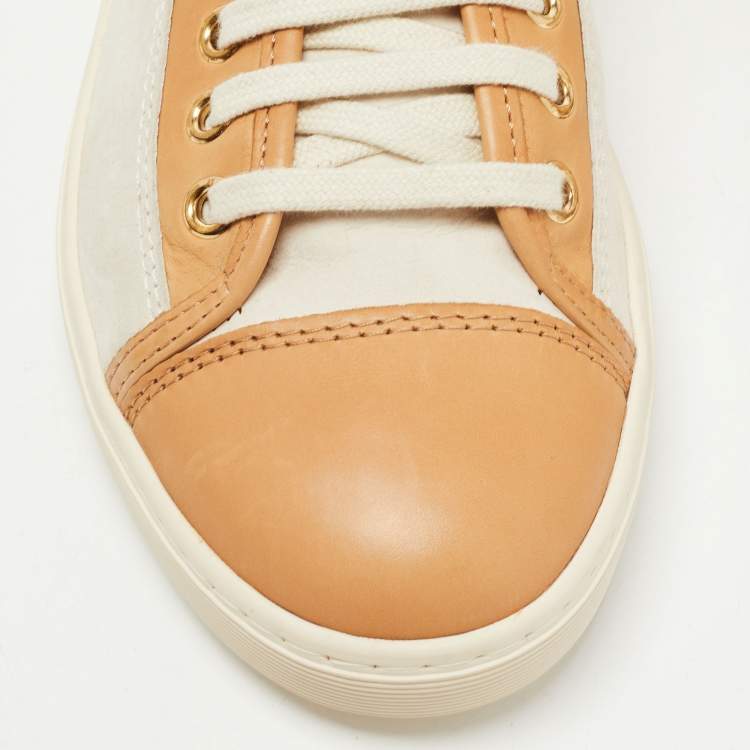 Pre Owned Tod's White/Brown Nubuck and Leather Low Top Sneakers Size 37.5