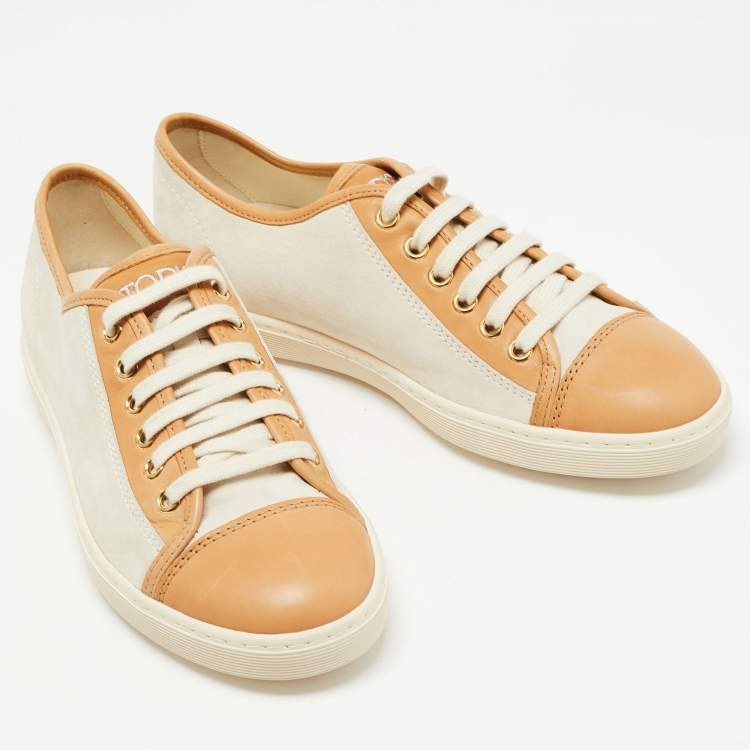 Pre Owned Tod's White/Brown Nubuck and Leather Low Top Sneakers Size 37.5