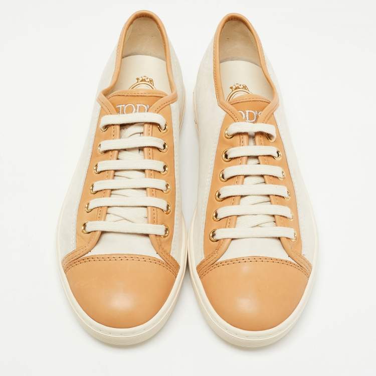 Pre Owned Tod's White/Brown Nubuck and Leather Low Top Sneakers Size 37.5