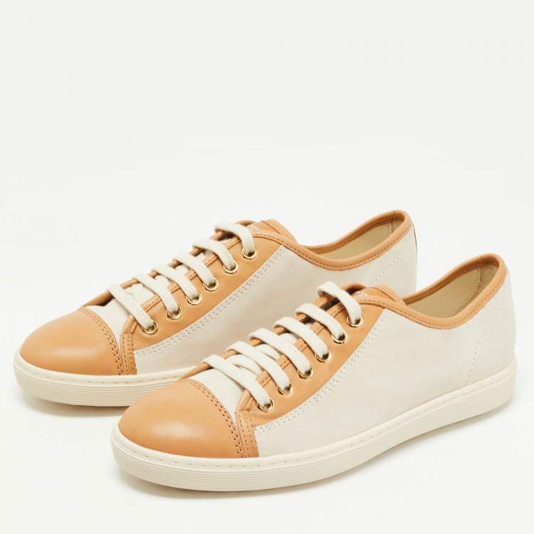 Pre Owned Tod's White/Brown Nubuck and Leather Low Top Sneakers Size 37.5