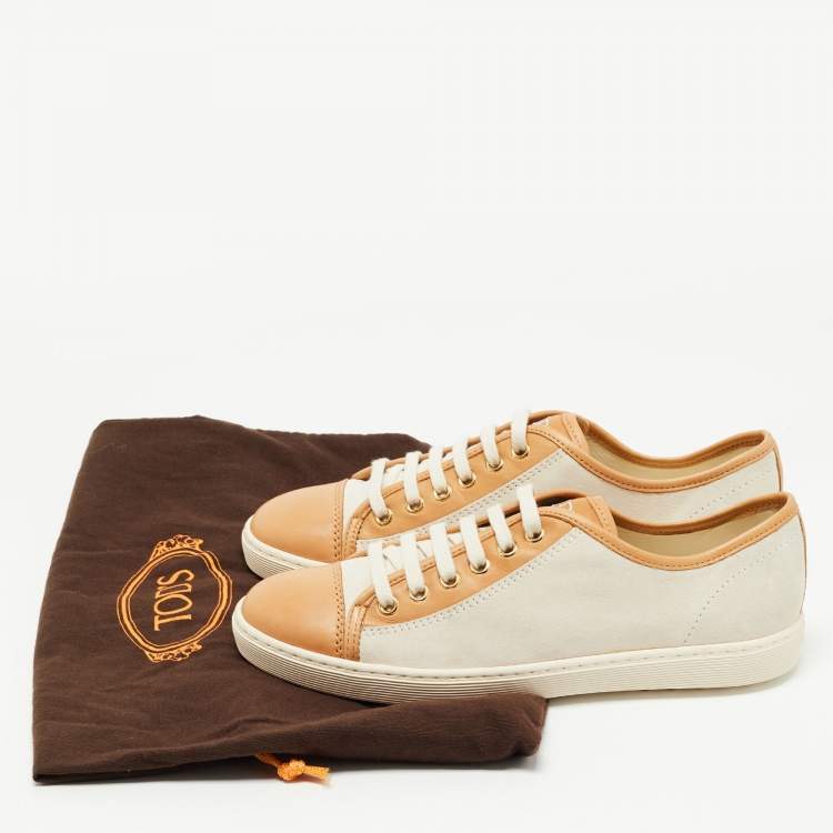 Pre Owned Tod's White/Brown Nubuck and Leather Low Top Sneakers Size 37.5
