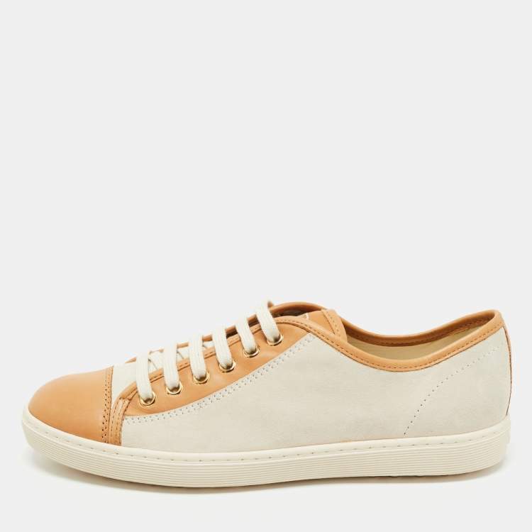Pre Owned Tod's White/Brown Nubuck and Leather Low Top Sneakers Size 37.5