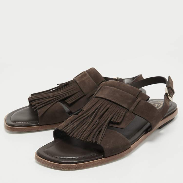 Pre Owned Tod's Brown Suede Fringe Flat Slingback Sandals Size 37.5