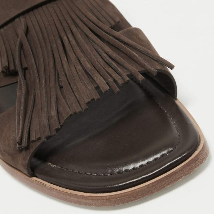 Pre Owned Tod's Brown Suede Fringe Flat Slingback Sandals Size 37.5