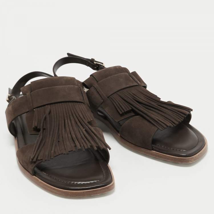 Pre Owned Tod's Brown Suede Fringe Flat Slingback Sandals Size 37.5