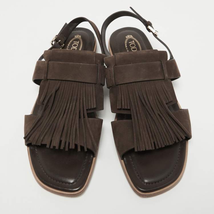 Pre Owned Tod's Brown Suede Fringe Flat Slingback Sandals Size 37.5
