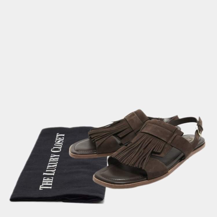 Pre Owned Tod's Brown Suede Fringe Flat Slingback Sandals Size 37.5