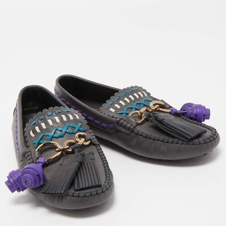 مملوكة مسبقًا Tod's Dark Grey Leather Tassel Charm Cross Stitch Detail Loafers Size 37
