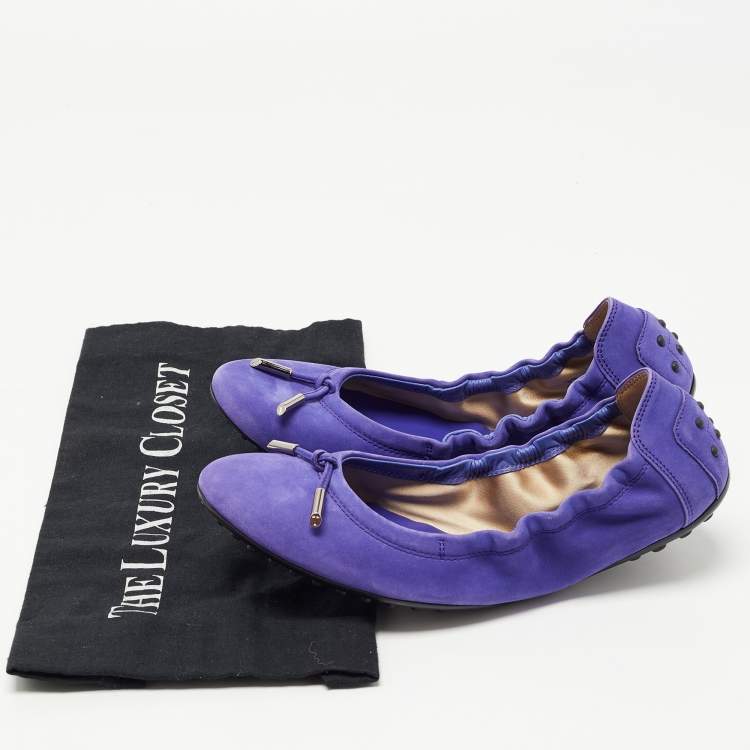 Pre Owned Tod's Purple Nubuck Leather Bow Scrunch Ballet Flats Size 39
