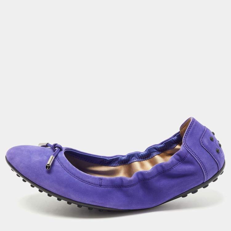 Pre Owned Tod's Purple Nubuck Leather Bow Scrunch Ballet Flats Size 39