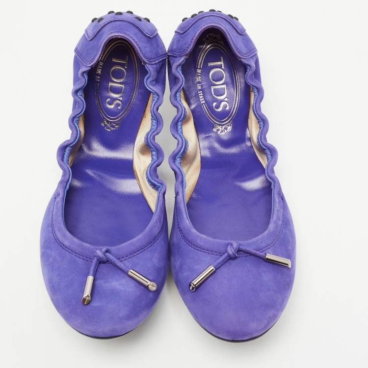 Pre Owned Tod's Purple Nubuck Leather Bow Scrunch Ballet Flats Size 39