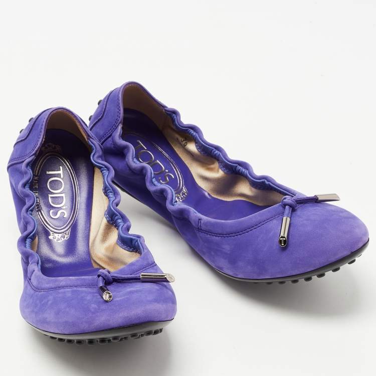 Pre Owned Tod's Purple Nubuck Leather Bow Scrunch Ballet Flats Size 39