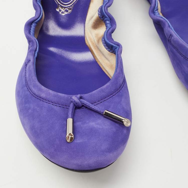 Pre Owned Tod's Purple Nubuck Leather Bow Scrunch Ballet Flats Size 39