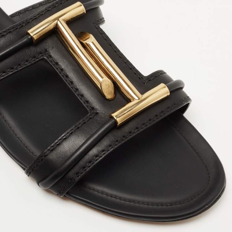 Pre Owned Tod's Black Leather Double T-Slide Flats Size 42