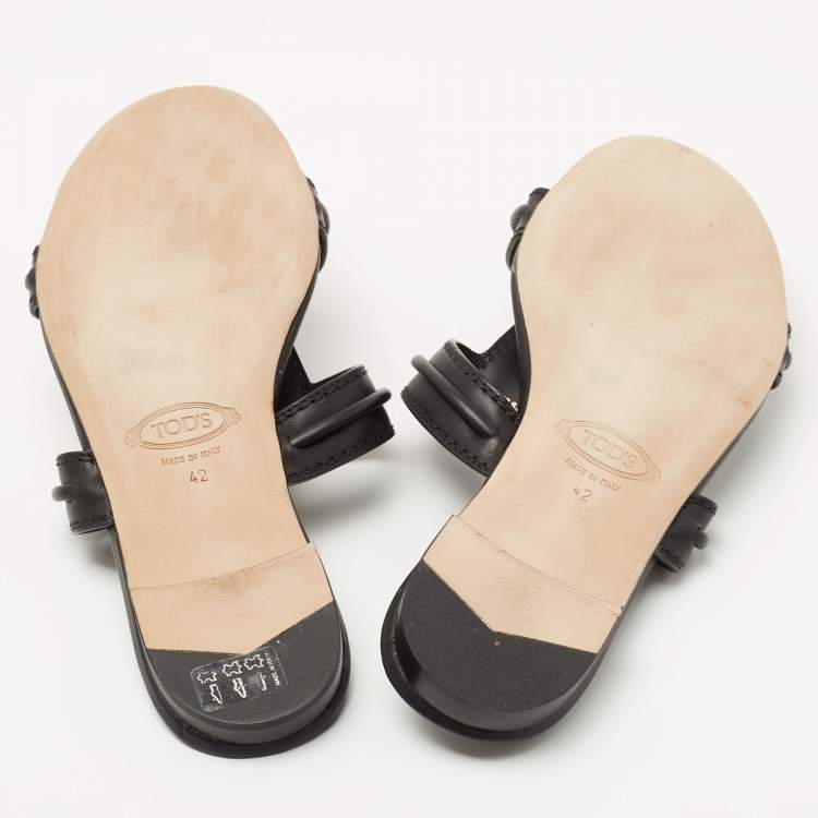 Pre Owned Tod's Black Leather Double T-Slide Flats Size 42