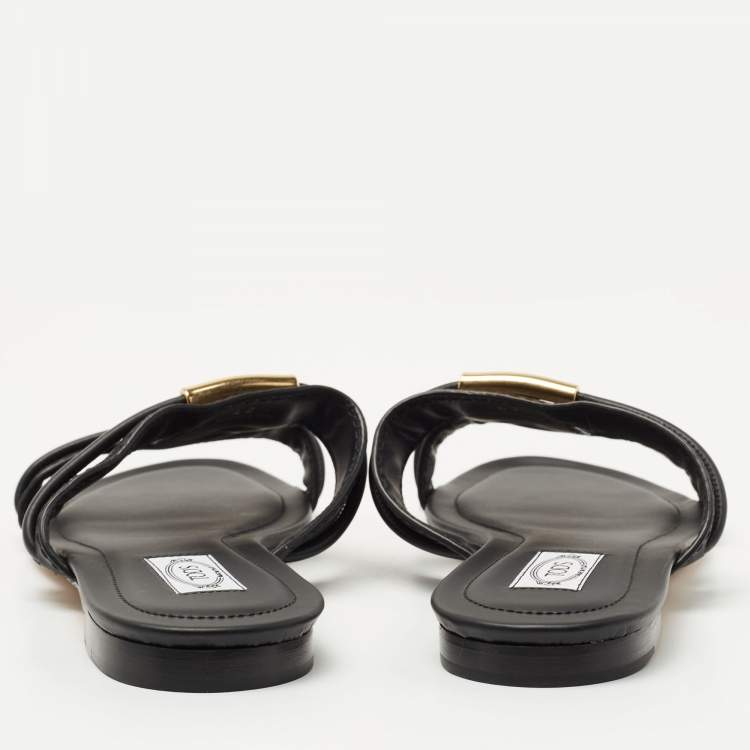 Pre Owned Tod's Black Leather Double T-Slide Flats Size 42