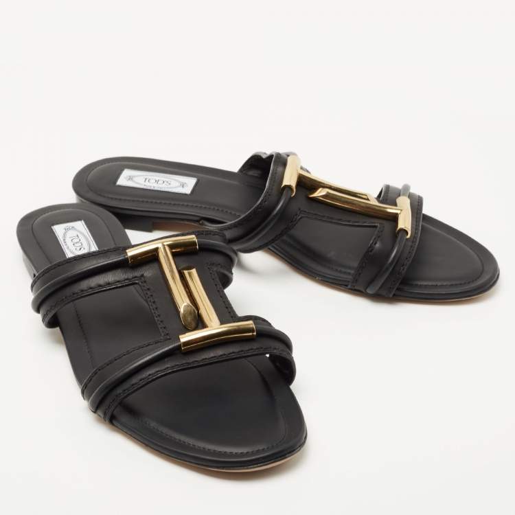 Pre Owned Tod's Black Leather Double T-Slide Flats Size 42