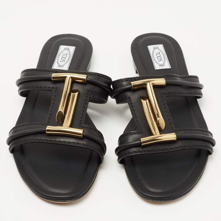 Pre Owned Tod's Black Leather Double T-Slide Flats Size 42