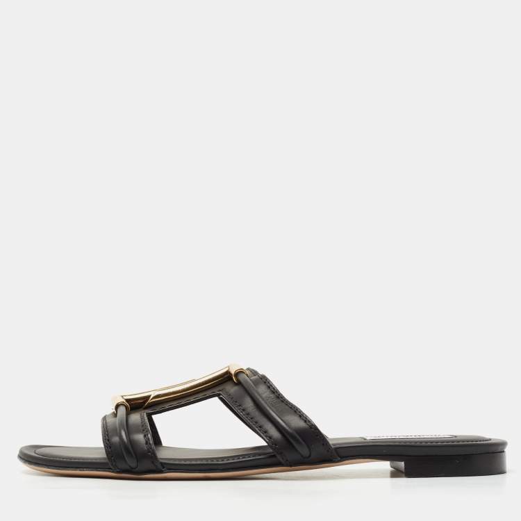 Pre Owned Tod's Black Leather Double T-Slide Flats Size 42